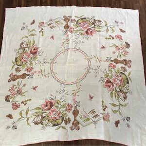 Vintage Tablecloth Square Flower and Butterfly pink, green and beige Table Linen
